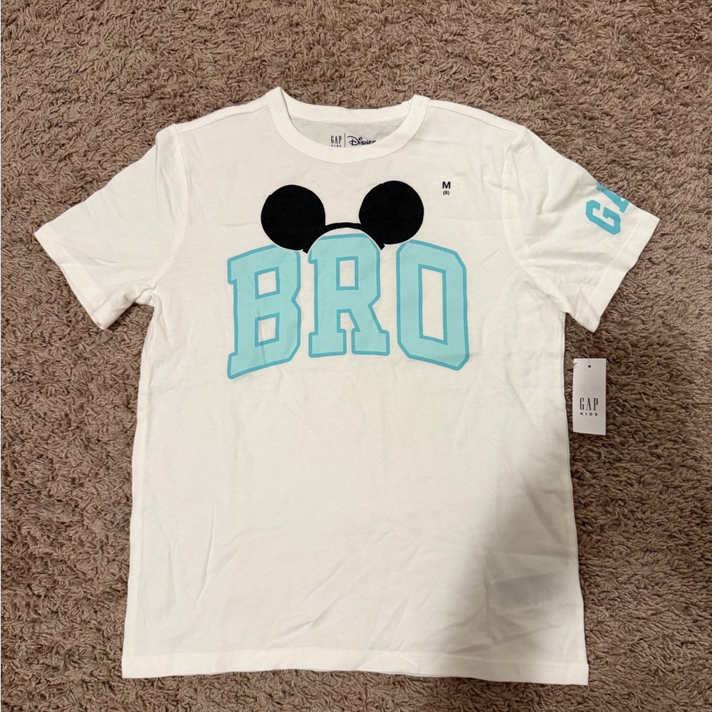 GAP White Tee with Blue 'BRO' and Mickey Graphic